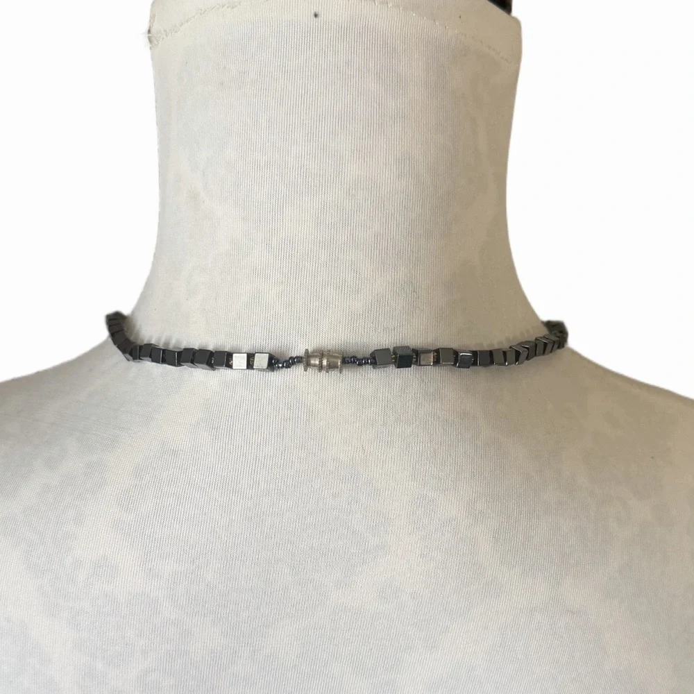 Hematite Cube Bead Necklace | Gunmetal Gray Minimalist Jewelry